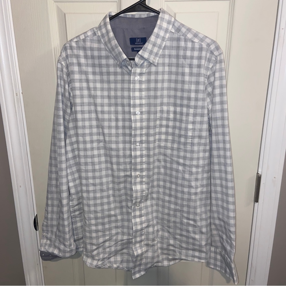 George mens classic fit gray white check button up Large.